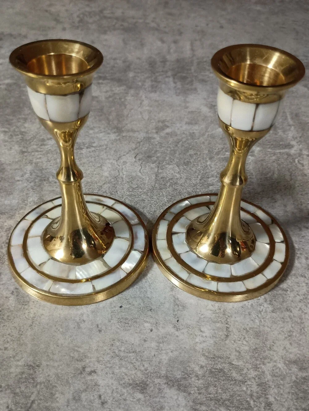 Brass and White Inlaid Candle Holders - Elegant Home Accent